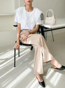 DAZY 对比色凸纹蕾丝个性领 T 恤，荷叶边 - 白色 - 查看 7