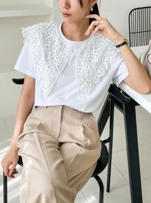 DAZY 对比色凸纹蕾丝个性领 T 恤，荷叶边 - 白色 - 查看 8