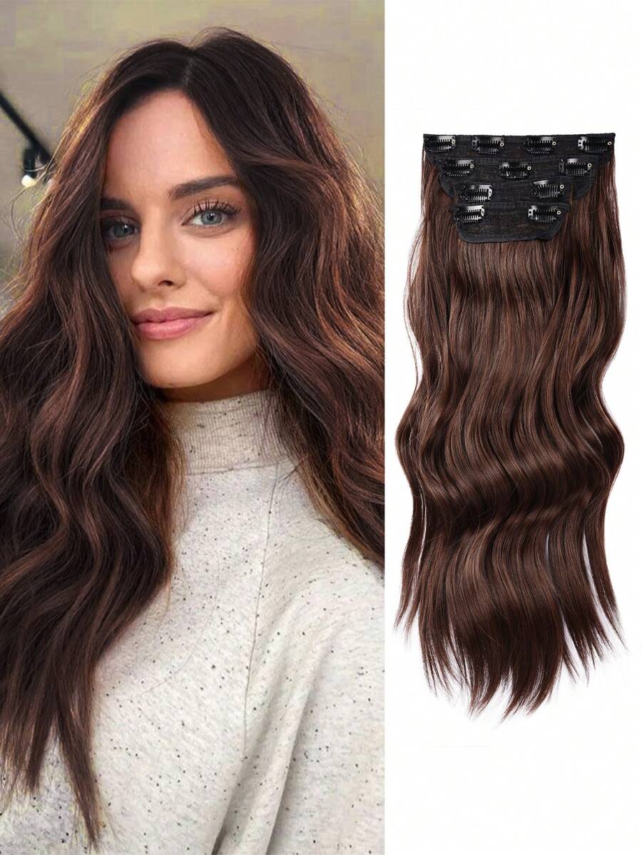 4 piezas Extensión del pelo con clip medio ondulado sintético - Café integral - Ver 1