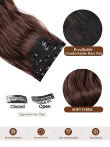 4 piezas Extensión del pelo con clip medio ondulado sintético - Café integral - Ver 3