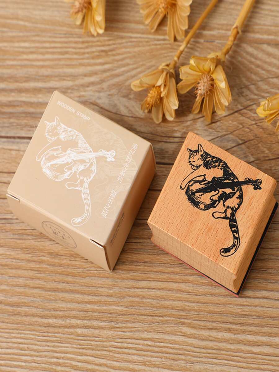 1pc Cat Pattern Wooden Stamp, Cute Multi-purpose Scrapbooking Seal For DIY Craft - Khaki - View 1