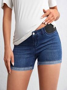 SHEIN Maternity Roll Up Hem Denim Shorts - Dark Wash - View 1