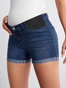 SHEIN Maternity Roll Up Hem Denim Shorts - Dark Wash - View 2