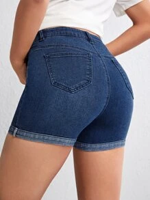 SHEIN Maternity Roll Up Hem Denim Shorts - Dark Wash - View 3