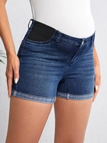 SHEIN Maternity Roll Up Hem Denim Shorts - Dark Wash - View 4