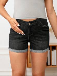SHEIN 孕婦卷邊牛仔短褲 - 黑色 - 查看 2
