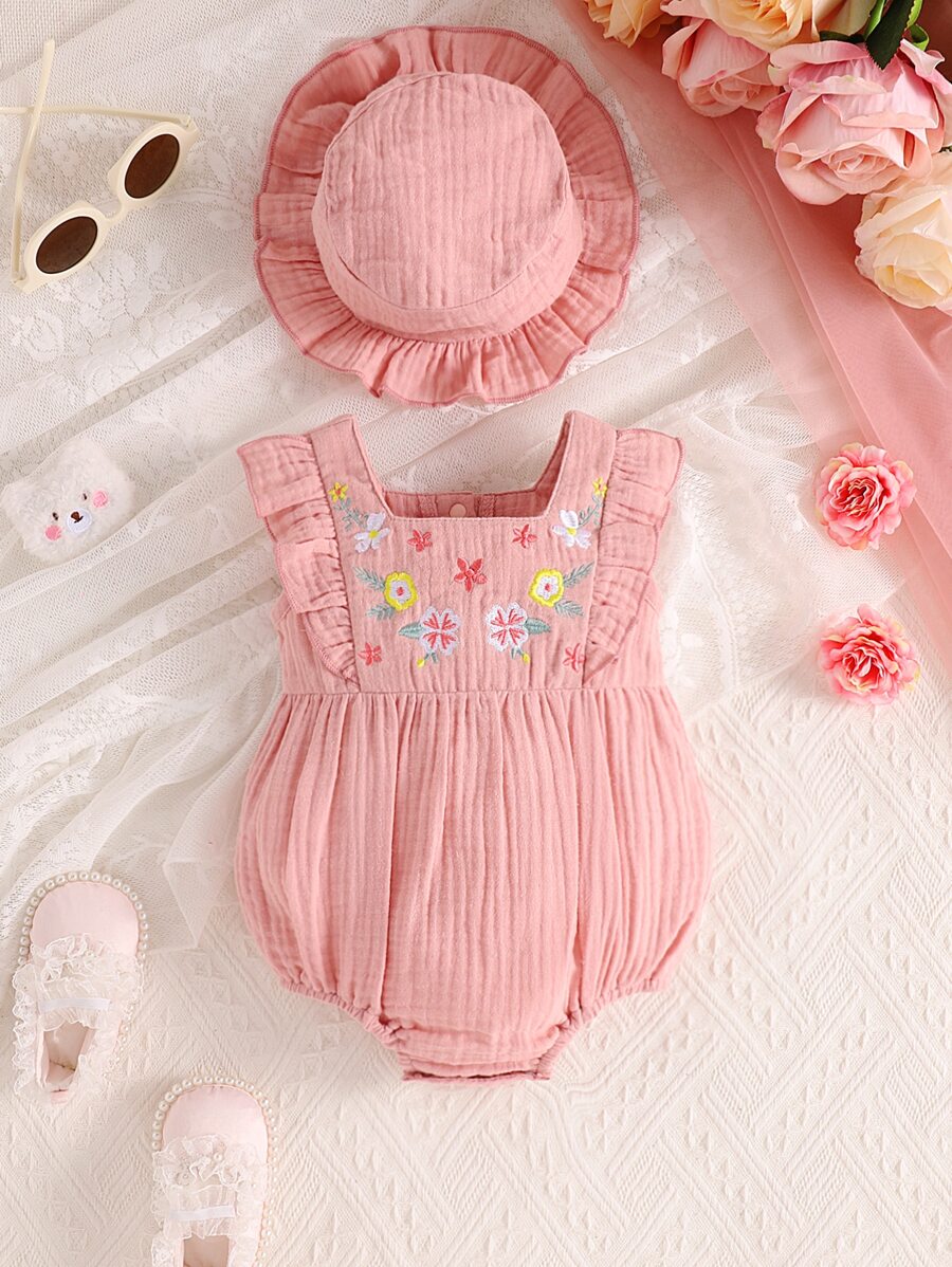 SHEIN Bebé Body con bordado floral ribete con fruncido - Rosa vieja - Ver 1