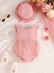 SHEIN Bebé Body con bordado floral ribete con fruncido - Rosa vieja - Ver 2