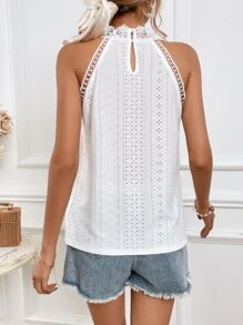 SHEIN Frenchy Áo sơ mi nữ Tương phản ren màu trơn Thanh lịch - trắng - Xem 2