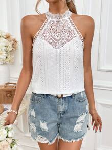 SHEIN Frenchy Áo sơ mi nữ Tương phản ren màu trơn Thanh lịch - trắng - Xem 3