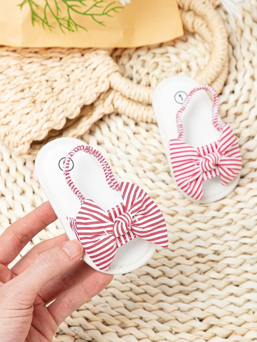 Baby Bow Decor Striped Pattern Slingback Sandals, Preppy Outdoor Sandals - Red - View 1