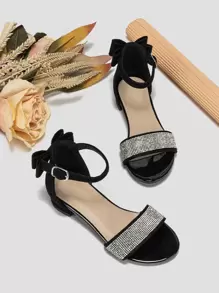Glamorous Ankle Strap Sandals For Girls, Faux Suede Bow & Rhinestone Decor Flat Sandals - Black - View 1