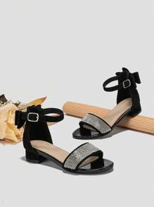 Glamorous Ankle Strap Sandals For Girls, Faux Suede Bow & Rhinestone Decor Flat Sandals - Black - View 2