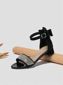 Glamorous Ankle Strap Sandals For Girls, Faux Suede Bow & Rhinestone Decor Flat Sandals - Black - View 3