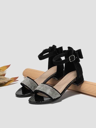 Girls' Black Satin Bow Rhinestone Sandals, Strap Thick Low Heel Party Dress Shoes