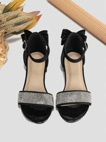 Glamorous Ankle Strap Sandals For Girls, Faux Suede Bow & Rhinestone Decor Flat Sandals - Black - View 5