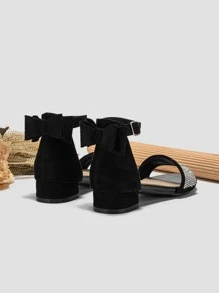 Glamorous Ankle Strap Sandals For Girls, Faux Suede Bow & Rhinestone Decor Flat Sandals - Black - View 6