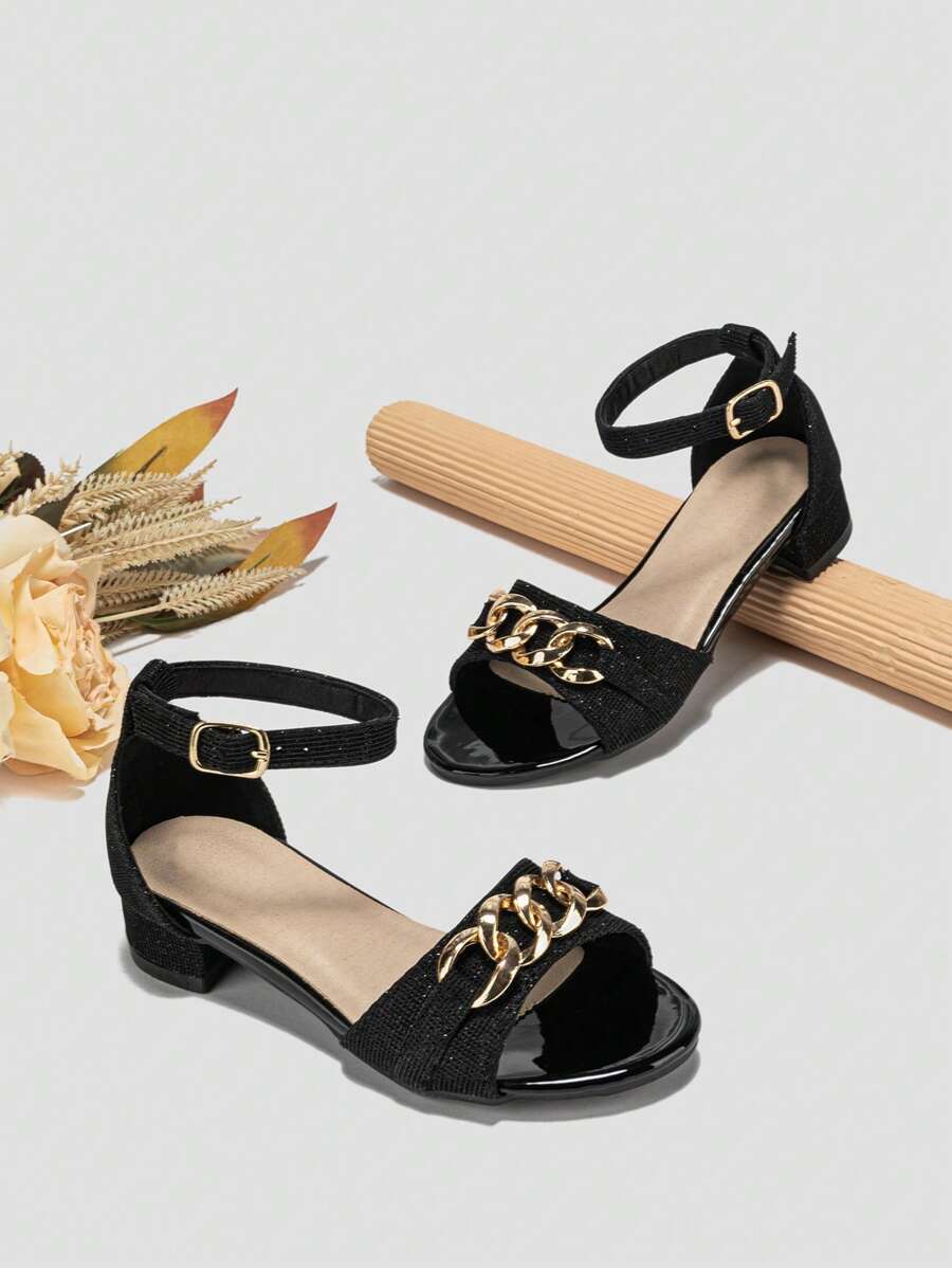 Fashionable Ankle Strap Sandals For Girls, Chain Decor Flat Sandals - Black - View 1