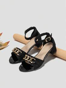 Fashionable Ankle Strap Sandals For Girls, Chain Decor Flat Sandals - Black - View 2