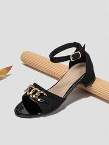 Fashionable Ankle Strap Sandals For Girls, Chain Decor Flat Sandals - Black - View 3