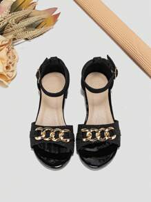 Fashionable Ankle Strap Sandals For Girls, Chain Decor Flat Sandals - Black - View 4