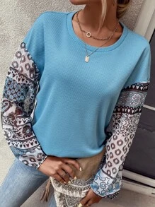 SHEIN LUNE Geo Print Lantern Sleeve Waffle Knit Sweatshirt - Blue - View 1