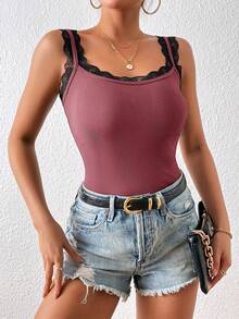 SHEIN SXY Contrast Lace Trim Cami Top - Rusty Rose - View 3
