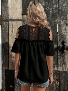 SHEIN VCAY Contrast Lace Cold Shoulder Blouse - Black - View 2