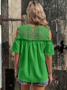 SHEIN VCAY 拼接水溶蕾絲挖肩襯衫 - 綠色 - 查看 2