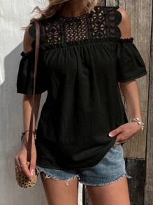 SHEIN VCAY Contrast Lace Cold Shoulder Blouse - Black - View 3