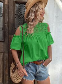 SHEIN VCAY 拼接水溶蕾絲挖肩襯衫 - 綠色 - 查看 3