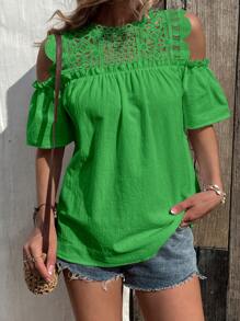 SHEIN VCAY 拼接水溶蕾絲挖肩襯衫 - 綠色 - 查看 4