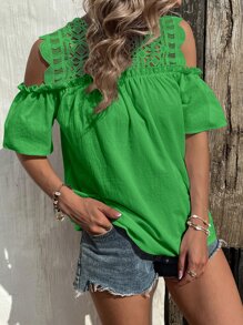 SHEIN VCAY 拼接水溶蕾絲挖肩襯衫 - 綠色 - 查看 5