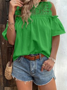 SHEIN VCAY 拼接水溶蕾絲挖肩襯衫 - 綠色 - 查看 6