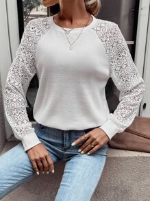 SHEIN LUNE Sudadera con encaje en contraste de manga raglán - Blanco - Ver 6