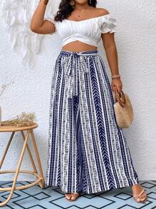 SHEIN Holidaya Quần Plus Size Thắt nơ trước Bộ lạc Boho - Màu xanh lam - Xem 1