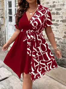 Celure Đầm Plus Size Bất đối xứng Thắt lưng Trọn gói Lá thư Giải trí - Màu Đỏ Sâu - Xem 1