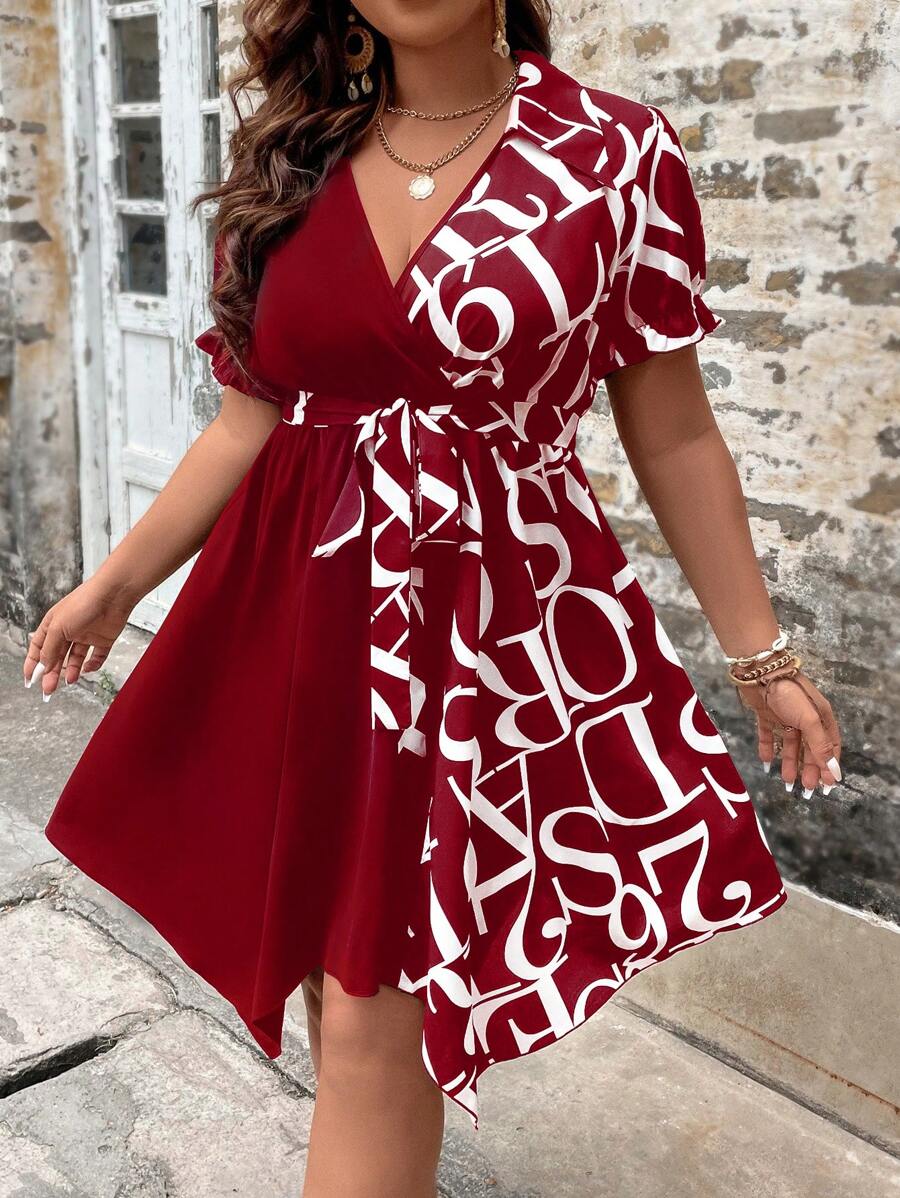 Celure Đầm Plus Size Bất đối xứng Thắt lưng Trọn gói Lá thư Giải trí - Màu Đỏ Sâu - Xem 1