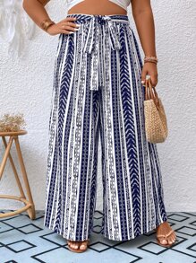 SHEIN Holidaya Quần Plus Size Thắt nơ trước Bộ lạc Boho - Màu xanh lam - Xem 5