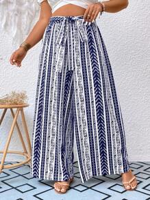SHEIN Holidaya Quần Plus Size Thắt nơ trước Bộ lạc Boho - Màu xanh lam - Xem 6