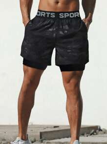 Men Camo Print Contrast Letter Tape 2 In 1 Sports Shorts - Black - View 1