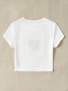 SHEIN EZwear 字母和心形圖案短款T恤 - 白色 - 查看 4