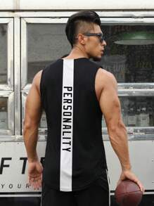 Men Colourblock Letter Graphic Sports Tank Top - Black - View 1