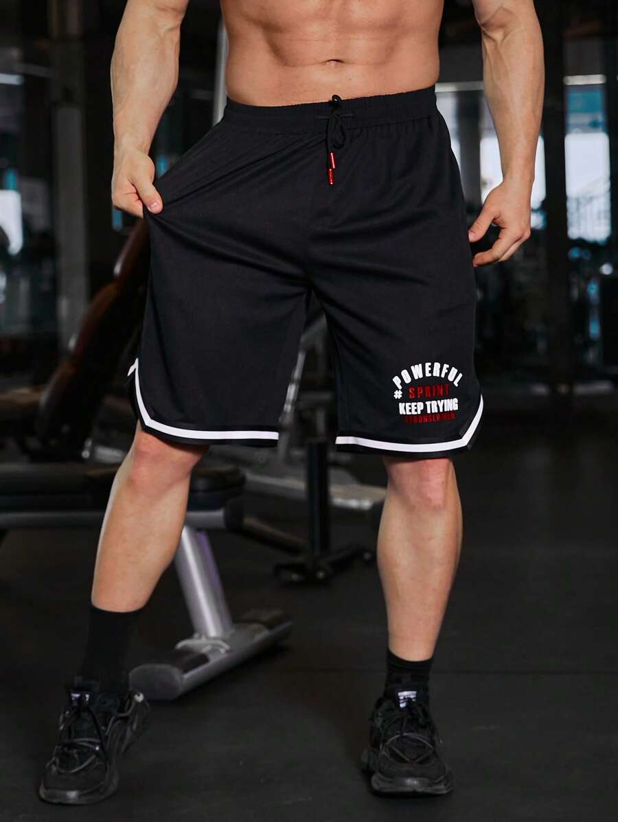 Manfinity Fitness Boyfriend Style Men Letter Graphic Contrast Binding Drawstring Waist Sports Shorts Gym Shorts Jogger Shorts - Black - View 1