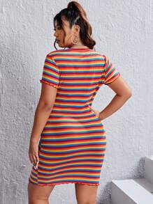 SHEIN EZwear 大碼彩虹條紋木耳邊緊身連衣裙 - 彩色 - 查看 3