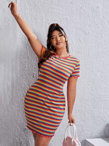 SHEIN EZwear 大碼彩虹條紋木耳邊緊身連衣裙 - 彩色 - 查看 1