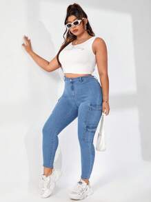 SHEIN EZwear Plus Flap Pocket Side Cargo Jeans - Light Wash - View 1