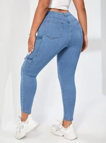SHEIN EZwear Plus Flap Pocket Side Cargo Jeans - Light Wash - View 2
