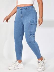 SHEIN EZwear Plus Flap Pocket Side Cargo Jeans - Light Wash - View 3