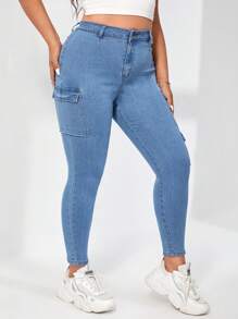 SHEIN EZwear Plus Flap Pocket Side Cargo Jeans - Light Wash - View 5